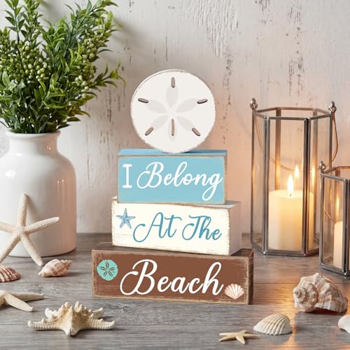 GlikCeil 4 Pcs Summer Sand Dollars Wooden Table Decorations Centerpieces Blocks Sand Dollars Summer Beach Tiered Tray Table Top Sign Decor for Office Dining Room Mantle Home Wood Party Supplies - style: Beach