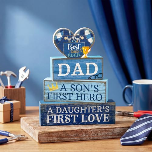 Lineshading 4 Pcs Fathers Day Table Decorations Wooden Blue Heart Trophy Decor Happy Father's Centerpieces Gifts for Dad from Daughter Son Fathers Day Decoration for Home Shelf Indoor Party Decoration - style: Dad