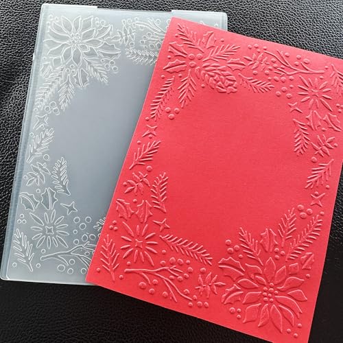 Arbuya 3D Christmas Plastic Embossing Folders for Card Making 3 d Evergreen Holly Leaves Frame Embossing Folder for Gift Tag Paper Crafting Home Decoration 5"x7" - color: Holly Leaves Frame