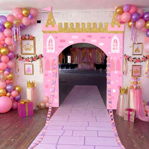 Frienda Princess Party Decorations Kit Pink Castle Backdrop Princess Door Cover with Rug 200 Purple and Pink Paper Chain Royal Kingdom Wall Fort for Renaissance Knight Castle Photo Props - style: Princess