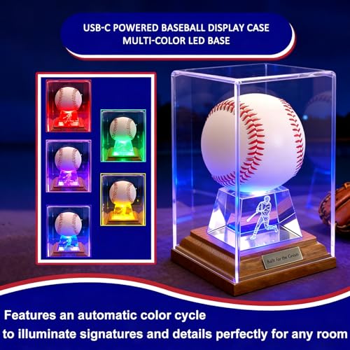 Baseball Display Case, Baseball Display Stand with LED Lights , Wooden Stand and a Bronze Medal,Cube Baseball Holder Display case, Acrylic Clear Ball Protector for Memorabilia Baseball Gifts