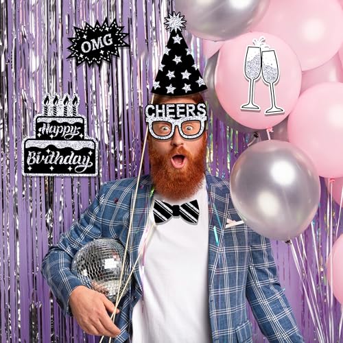 30 Pcs Silver Birthday Photo Booth Props Black Birthday Props 2026 Birthdays Decorations Backdrop Decorations Birthdays Props for Photography