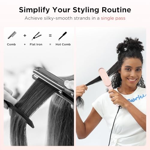 Prizm Hair Straightener Brush, 20s Fast Heating, Negative Ions Hair Straightening Brush with Less Frizz, 4 Temp Settings & LED Display, Anti-Scald Design, Gift for Women, Dual Voltage, Pink - color: Pink