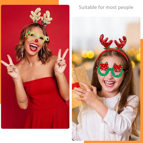 Wecoe Christmas Party Favors, 12pcs Christmas Headbands & Glasses Set - Festive Headwear Glasses Frame Hair Accessories for Women & Girls Classroom Game Party Supplies Photo Props