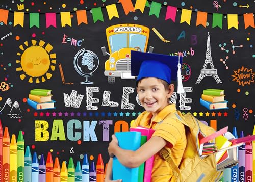 Welcome Back to School Backdrop 7x5ft Cartoon School Bus Photo Background for Photoshoot Fabric Photography Backdrop Online Teaching Background Teachers Students Photocall Backdrop - color: School Bus, size: 7x5ft