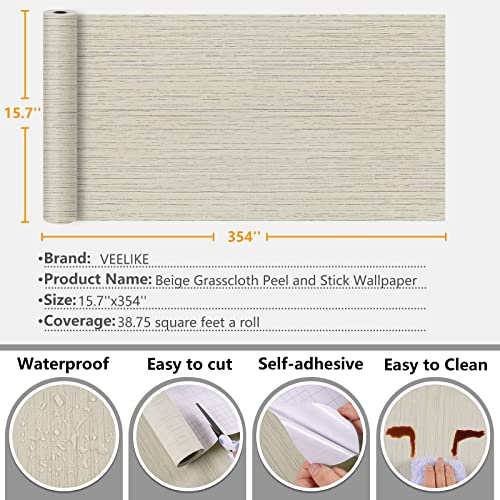 VEELIKE 15.7''x354'' Ecru White Grasscloth Peel and Stick Wallpaper Textured Grasscloth Contact Paper Self Adhesive Removable White Fabric Linen Wall Paper Roll for Bedroom Bathroom Walls Furniture - color: Ecru White, size: 15.7" x 354"