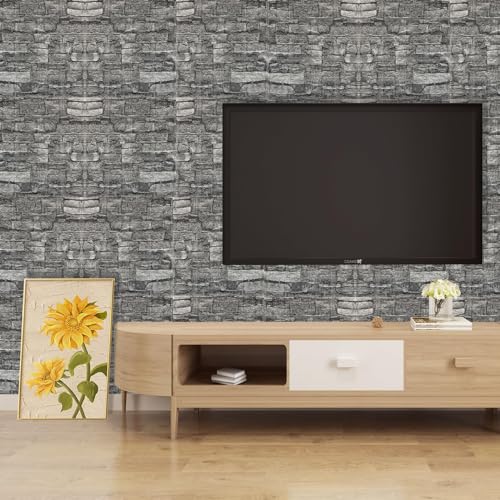 3D Wall Panels Peel and Stick in Black Grey, 40 PCS XPE Foam 3D Wallpaper, Faux Brick Wall Panels for Bedroom, Stairs, Kitchen - color: Black Rock, size: 40PCS