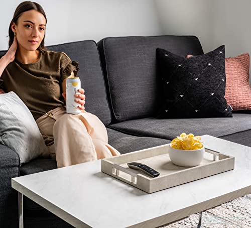 Modern Elegant 17.5"x12" Rectangle Natural Ivory Beige Faux Leather Shagreen Decorative Tray Ottoman Coffee Table Perfume Vanity Kitchen Serving Tray with Silver Metal Handles by Home Redefined. - color: Natural/Silver