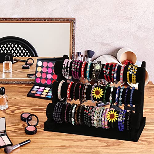 Barelove Velvet Bracelet Holder with 3 Tier Rack, Black T-Bar Storage Organizer Detachable Display Stand for Necklace Watch Bangles Bracelets Scrunchies Organization Showcase - color: Black-3017B