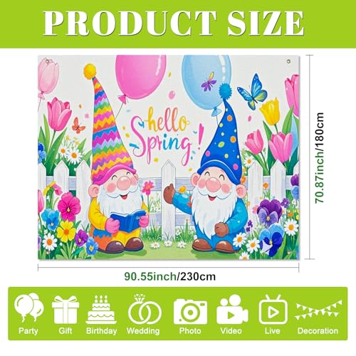 BlissYard 8x6ft Spring Gnome Garden Backdrop Hello Spring Photo Background Colorful Floral Party Banner Cute Cartoon Scene for Easter Baby Shower Birthday Classroom Event Photography Decoration - color: Hello Spring Backdrop#01