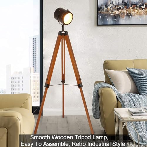 DEC LUCE DECOLUCE LIGHTING Vintage Industrial Tripod Floor Lamp - Adjustable Spotlight for Living Room & Bedroom | Wooden & Metal Design | Perfect for Office, Cinema, Dorm | Black (Bulb Not Included) - size: Tripod Spotlight Floor Lamp B