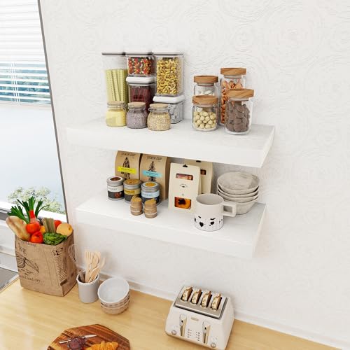 12 Inch Deep White Floating Shelves, 24 x 12 Floating Shelf for Books, Rustic Wood Deep Wall Shelves for Home Storage & Display, 2" Thicked Shelves for Kitchen, Living Room, Bedroom, 2 Pack - color: White, size: 24"w X 12"d, 2 Pack