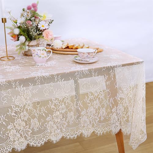 B-COOL 2 Pieces Lace Tablecloth 60 x 120 Inch Ivory Wedding Rectangle Table Overlay Lace Fabric for Rustic Vintage Party Baby Shower Outdoor Dinning Table Decor - color: Ivory, size: 60" x 120" (2 Pieces Rectangle)