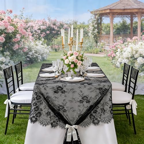 B-COOL Black Lace Tablecloth 60x120 Inch 5 Pieces Vintage Wedding Halloween Floral Halloween Table Cloth Rectangle Tables Lace Fabric Rustic for Party Decor - color: Black, size: 60" x 120" (5 Pieces Rectangle)