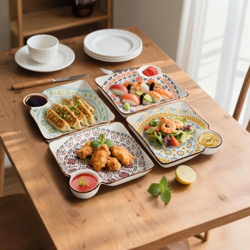 Pumtus 4 Pack Ceramic Dumpling Plates with Dipping Saucer, 7.3'' Individual Chip and Dip Serving Platter, Square Japanese Sushi Dish Tray, Colorful Serving Bowl for Appetizer Snack Fries Gyoza Taco