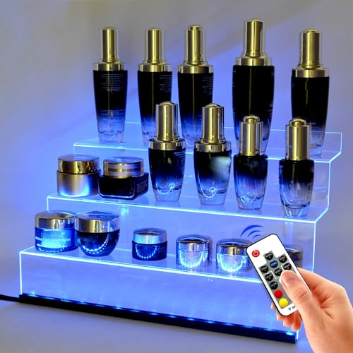 12 IN Clear Acrylic Display Riser Shelf with LED light,3 Tier Display Step Shelves Holder, Perfume Cologne Organizer Holder,Pops Toys Figures, Clear Cupcake Riser, Dessert Shelf, Decoration on - color: LED+Clear+12IN+3 Tier