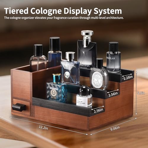Perfume Stand Organizer for Men, 3 Tier Perfume Display Shelf with Velvet Lining Drawer and Hidden Compartment (Walnut Black - 1 Drawer) - style: 1 drawer - BlackWalnut