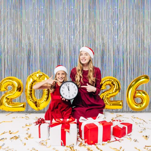 Melsan Silver Tinsel Backdrop Curtain, 3.2 ft x 8 ft Silver Foil Fringe Curtains, Sparkle Metallic Streamers for Disco Bachelorette Birthday Party Decorations, 2 Pack - color: Silver