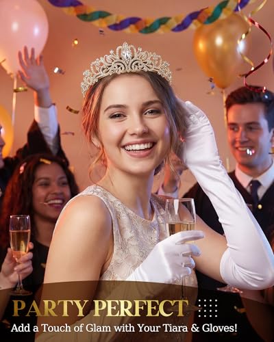 Princess Tiara Crown with Satin Gloves Set Crystal Headpiece for Graduation Prom and Party Photo Props - color: Gold, style: A