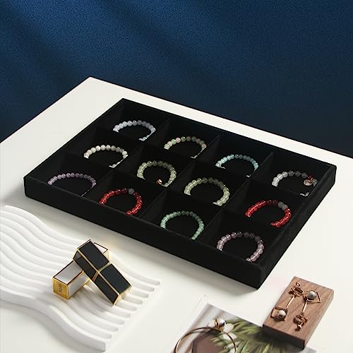 Coward 2PC Black Velvet Stackable 12 Grids Jewelry Organizer Tray Bracelet Display Stand for Selling Velvet Necklace Holder Earring Box Storage (12grid+12grid) - color: Black Velvet, size: 12Grids+12Grids
