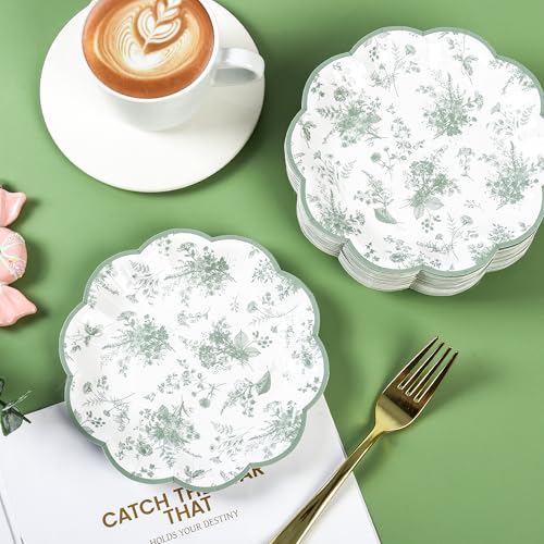 24Pcs Sage Green Floral Party Plates 7" Vintage Floral Leaf Disposable Paper Plates Wildflower Toile Small Scalloped Dessert Plate for Spring Easter Birthday Bridal Tea Party Supplies - color: Sage Green