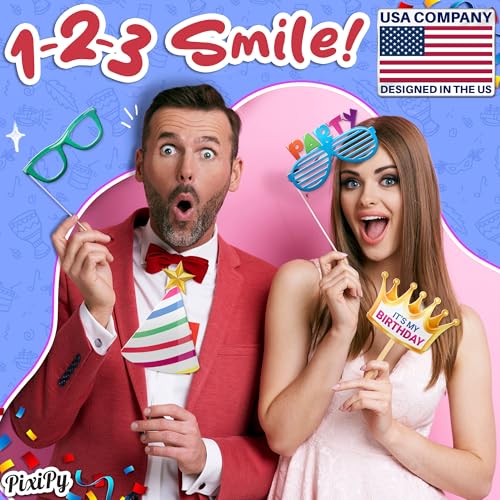 Premium Birthday Photo Booth Props Kit - 22 pc, Multicolored - Happy Birthday Party Fun Photobooth Selfie Accessories - for Adults & Kids - Funny Photoshoot w/Friends - by PixiPy - color: Multicolored, size: Pack of 22