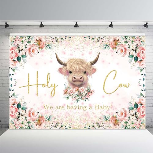 MEHOFOND 7x5ft Holy Cow Baby Shower Backdrop for Girl We are Having A Baby Cow Greenery Baby Shower Party Decorations Banner Pink Floral Watercolor Eucalyptus Farm Animal Photography Background - color: Pink, size: 7x5ft