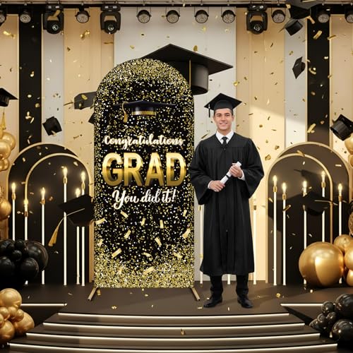 Tingjoo Black Gold 2026 Graduation Decoration Class of 2026 6.6 ft Arch Backdrop Cover Spandex Photo Background Decor Double-Sided Round Top Backdrop Congrats Grad Decor for Graduation - color: Black Gold