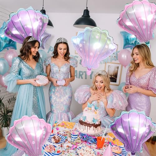 Biapian Sea Shells Balloons, Large Mermaid Shells Foil Balloon, 6 Pcs Pink Purple Multi-color Seashell Balloons for Girls Mermaid Birthday Baby Shower Ocean Themed Party Decoration Supplies - style: Shell
