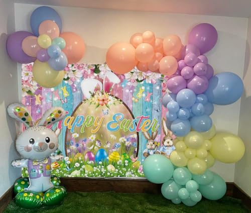 Happy Easter Backdrop Colorful Wood Easter Photography Background Spring Flower Bunny Eggs Backdrop for Spring Themed Party Decoration Banner (70x40 inch (6x4FT)) - size: 70x40 inch (6x4FT)