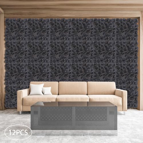 12PCS Flower Wall Panels Black 3D Silk Rose Wall Artificial Gorgeous Wall Backdrop Background Artificial Flowers Decoration for Photo Background Home Party Wedding Backdrop Decoration