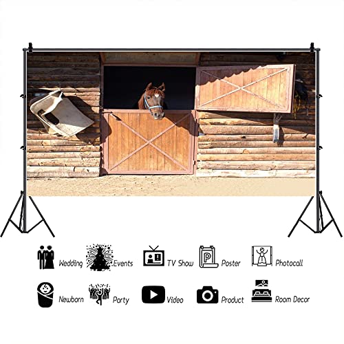 AOFOTO 15x8ft Rustic Wooden Horse Stable Backdrop Vintage Ranch Barn Log Cabin Farm Stall West Wild Photography Background Western Cowboy Theme Birthday Kentucky Party Decoration Photo Studio Props - size: 15x8ft