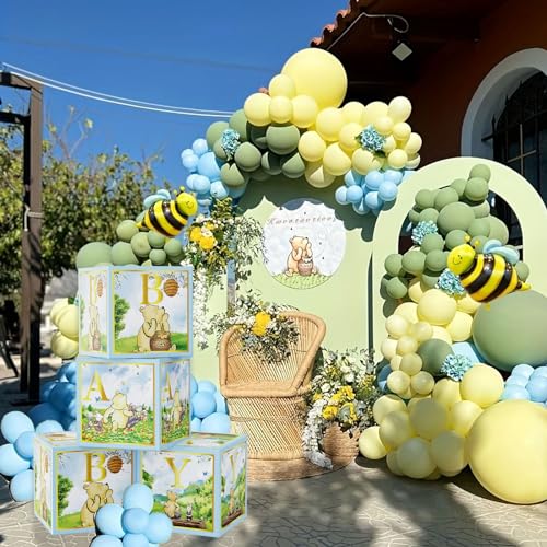 Classic Winnie Baby Shower Boxes Blue for Newborn Baby Boy Girl, Vintage Winnie Bear First 1st Birthday Party Decorations the Pooh Theme Box Block Supplies for Kids Cake Smash Photography Favor Props - style: Blue Baby Box