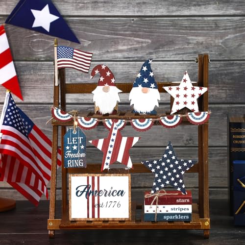 FoldTier 18 Pcs 4th of July Tiered Tray Decor Set Rustic Patriotic Independence Day Decoration Glow Vintage Farmhouse 4th of July Tiered Tray Sign Wooden Red White Blue Decor for Table(Gnome) - style: Gnome
