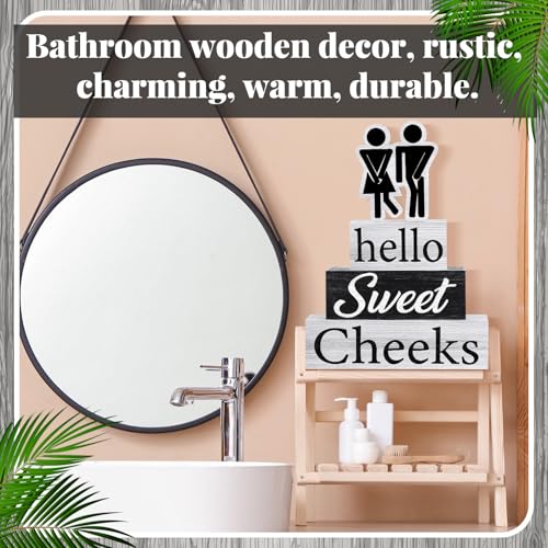Jetec 4 Pcs Bathroom Shelf Decor Signs Hello Sweet Cheeks Wooden Sign Rustic Toilet Restroom Tabletop Decoration Funny Bathroom Decor for Farmhouse Apartment Shelves Toilet Restroom Home Tabletop Desk - style: Hello Sweet Cheeks