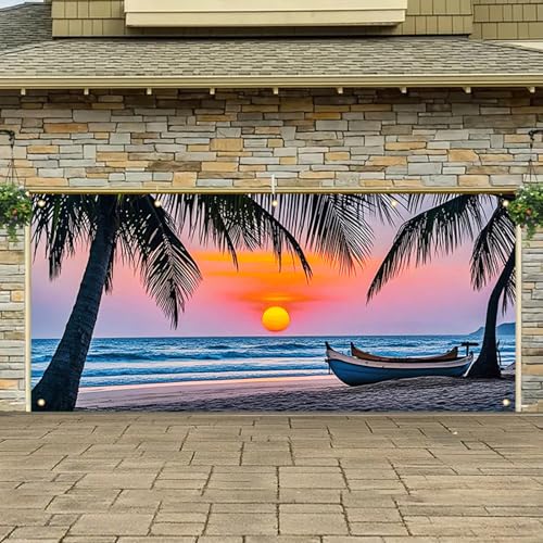 HOMETITUTE Beach Sunset Garage Door Banner 13x6ft Summer Tropical Palm Tree Ocean Backdrop for Summer Outdoor Decor Vacation Luau Party Poolside Yard Display Photo Prop Background