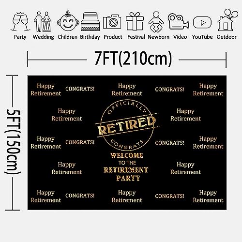 Officially Retired Black Golden Banner Backdrop for Photography, 7x5FT, Happy Retirement Party Background, Photo Booth Studio Props RBJMYLU234 - size: polyester microfiber fabric-7x5ft