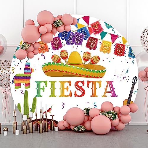 AOFOTO 6.5x6.5ft Mexican Fiesta Theme Round Backdrop for Photography Cinco De Mayo Carnival Colorful Flags Floral Banner Photography Background for Mexican Festival Birthday Party Decor Props - color: Fiesta A, size: 6.5x6.5ft