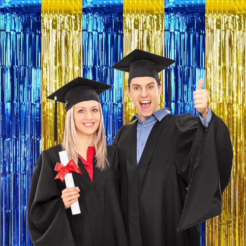 6 Pack 3.3Ft x 6.6Ft Graduation Foil Fringe Curtain Backdrop Decorations, Blue Gold Metallic Tinsel Foil Streamers Curtain Photo Booth Background for Graduation Prom Wedding Birthday Party Decorations - color: Blue Gold