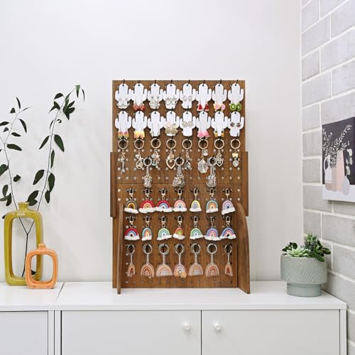 MOOCA Wood Standing Pegboard Jewelry Display With 48 Removable Peg Hooks and Accessory Organizer Screen Countertop Display- Perfect for Jewelry and Other Small Accessories, Brown Color.