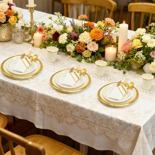 AIRE 350PCS White Gold Paper Plates Party Supplies Dinnerware Sets for 50 Guests, Disposable Paper Party Plates Napkins, Gold Plastic Forks Knives Spoons Cups for Wedding Birthday BBQ Parties - color: 350pcs White Gold