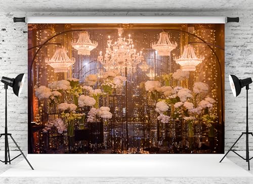 5x3ft Luxury Crystal Chandelier Backdrop with White Floral Arrangements Warm Lights & Glamorous Decor Romantic Background for Wedding Birthday Event Decor Photo Studio Booth Props - size: 5x3FT
