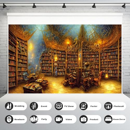 Medieval Fairytale Library Backdrop Vintage Bookshelf Backgrounds Cozy Bookcase Old-Fashioned Library Room Magical Books Photography Background Magic Books Theme Party Decorations Props 5x3ft - color: Warm Brown, size: 5x3ft