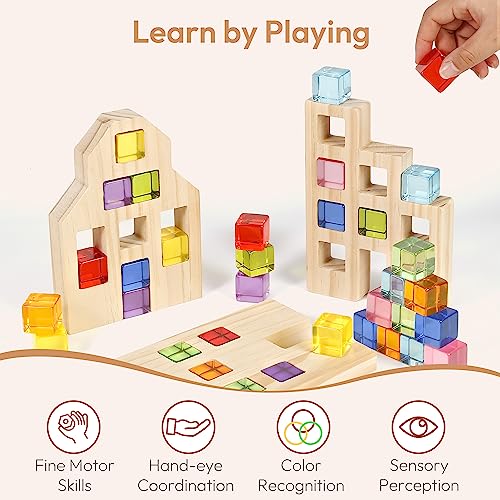 Woodtoe Wooden Building Blocks Set for Kids, 36 PCS Rainbow Acrylic Gem Blocks - 3 Wood House, Montessori Stacking Toy for Toddlers, Educational STEM Birthday Creative Toy Gift for Boys Girls 3-6 - style: 36 PCS Rainbow Blocks Set