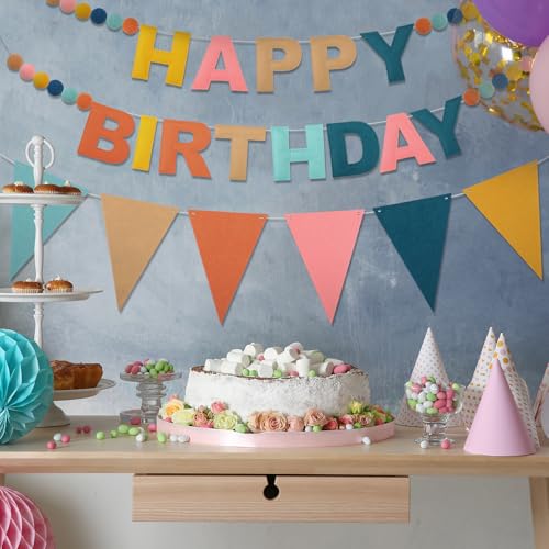 Oudain 2 Pack Pre-strung Felt Happy Birthday Banner Party Decorations Reusable Boho 3D Pom Pom Ball Garland Triangle Flag Birthday Pennant Sign for Adult Boy Girl Photo Prop Backdrop(Rainbow) - color: Rainbow