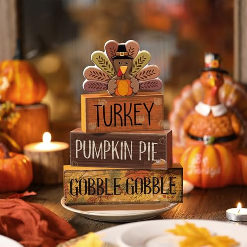 Lineshading 4 Pcs Thanksgiving Decorations for Home Wooden Turkey Decor Fall Tiered Tray Decor Thanksgiving Table Centerpiece Rustic Wooden Turkey Block Sign for Autumn Harvest Party Kitchen Shelf - style: Classic Turkey