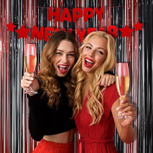 BRAVESHINE Tinsel Photo Backdrop Curtains - 2 Pack 3.2x8.2ft Black Red Foil Fringe Streamer Curtain for Graduation/Stranger/Men/Birthday/Bachelorette/Anniversary/Home/Office/Indoor/Outdoor Decorations - color: Black Red