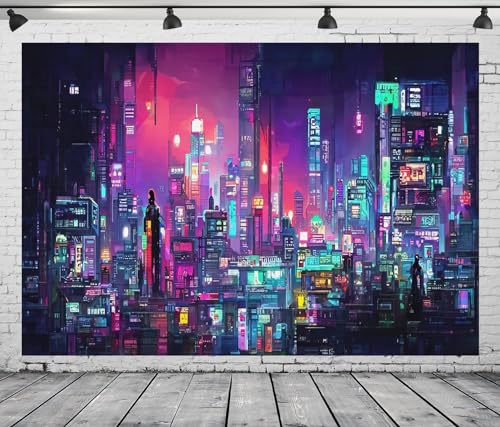15x8ft Fabric Punk City Night Backdrop Futuristic City Neon Building City Night Skyline Photography Background for Gamer Adults Boys Party Decorations Photo Props - size: 15x10FT
