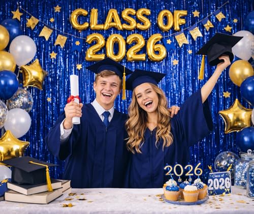 Melsan Graduation Decorations 2026, Tinsel Curtain Backdrop for Graduation Party - Royal Blue Sparkle Foil Fringe Curtains for Class of 2026 Photo Booth, 4th of July Patriotic Decor, 2 Pack 3.2x8.2 Ft - color: Navy