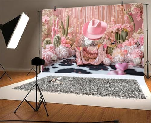 7X7ft Disco Western Cowgirl Party Backdrop Pink Black Cow Print Cowgirl Birthday Background Party Decorations Wild West Country Hot Pink Boot Birthday Photography Background Photo Booth Props - color: Pink, size: 7X7FT